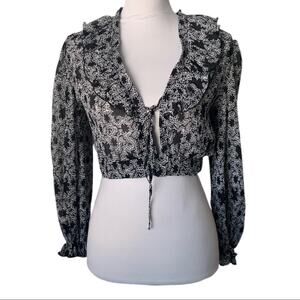 Topshop Abstract Print Long Sleeve Crop Top Black 8